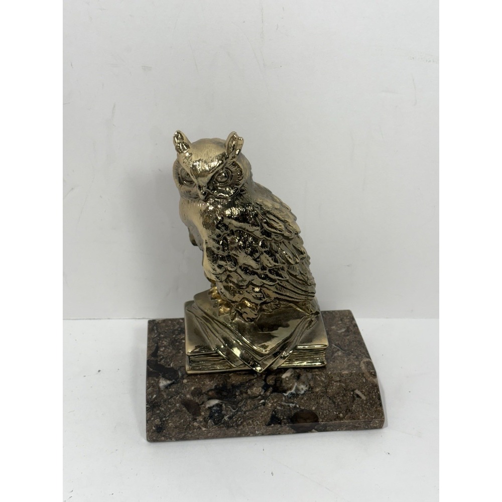 Vintage Golden Brass Owl Figurine on Italian Marble Base - Paperweight Bookend